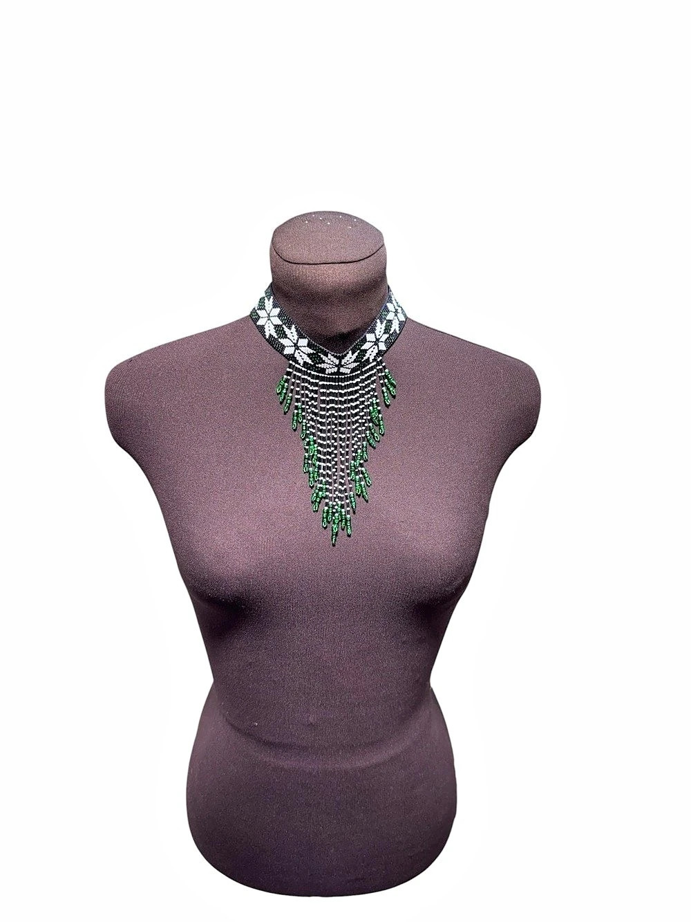 Handmade Beaded Choker Necklace Black White Green Fringe Boho Statement Jewelry
